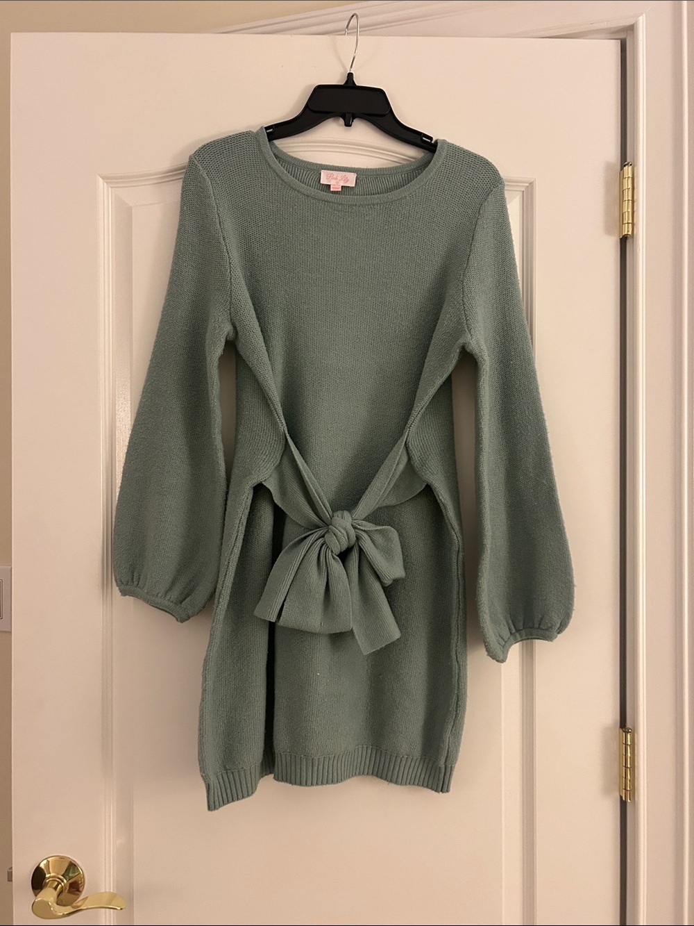 Pink Lily Sage Green Crewneck Waist-Tie Sweater Dress